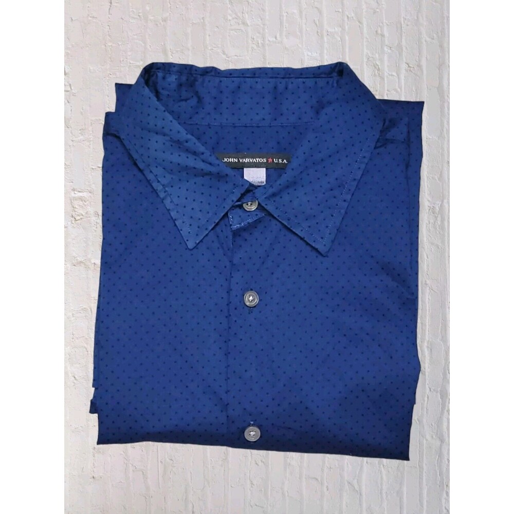 John Varvatos Polka Dot Button Up Dress Shirt Mens MED Navy Cotton Long Sleeve